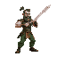 man with beard and green pants punching with sword