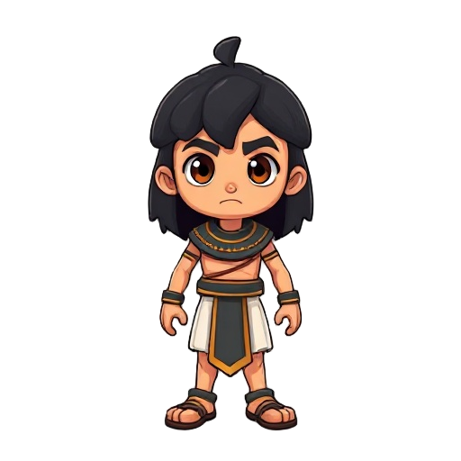 eu gostaria de gerar um personagem sendo ele uma criança egípcia de cor de pele da regiao no periodo do egito antigo, olhos castanhos cabelo preto, não muito elaborado e pequeno