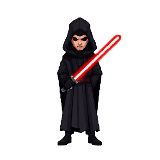 a sith jedi in dark robes with red lightsaber in both hands pixelated