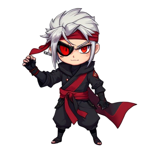 silver-haired ninja with red headband, one glowing red eye, black eyepatch, torn black gi with red accents, flowing sash, spiked gloves, scar on shoulder, shadow aura