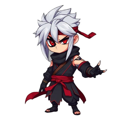 silver-haired ninja with red headband, one glowing red eye, black eyepatch, torn black gi with red accents, flowing sash, spiked gloves, scar on shoulder, shadow aura
