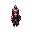 retro 16-bit sprite, ninja warrior, silver hair, red band, black gi, scarred chest, battle stance.