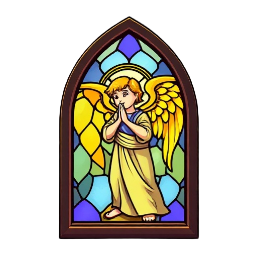 leaded stained glass window of a praying angle that is 16 pixels wide by 144 pixels tall