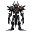 the nexus of collapse" looks: it’s a towering, skeletal figure, roughly fifty feet tall, with jagged metal and glowing, fleshy bits fused together. shattered obsidian shards orbit its torso