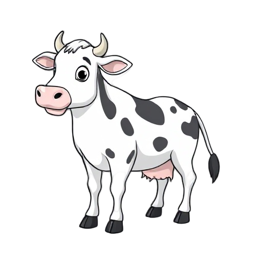 cow character, white black, stand side view