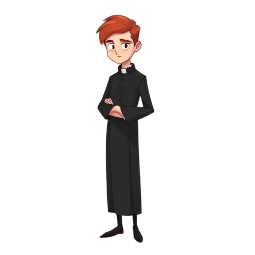 thin and slender priest. he wears a traditional black cassock, fitted to his body, with a visible white clerical collar at the neck., and partially covers his face,red hair