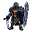 a pixel art humanoid knight with a futuristic design, holding a large sword. the knight has a sleek, armored body with defined muscles and a glowing emblem on its chest. the face is featureless except