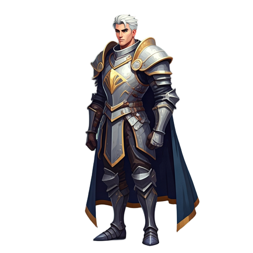 2d game character sprite, full body shot of a male royal knight, standing in a heroic neutral pose.  **appearance:** - **build:** athletic and tall. - **hair:** short, silver-white hair, slightly windswept. - **face:** sharp jawline, determined expression