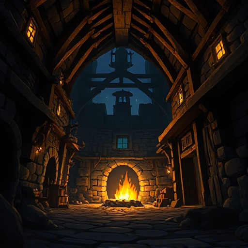 night, dark , inside old forging centre medieval, yellow brown and golden , metal , perspective from low angle, 16*9
