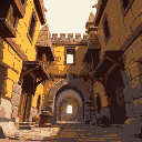 a old forging centre medieval, yellow brown and golden , metal , perspective from low angle