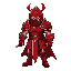 a harbinger of will, wearing an all red armour, large muscular, simple colours, strong medieval armour , red sword, helmet 
