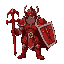 a harbinger of will, wearing an all red armour, large muscular, simple colours, strong medieval armour , red sword, helmet 