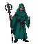 of a god of time wearing a teal green robe, carrying a staff of time, young strong and lean, remove background face covered, dark and mysterious