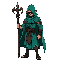 of a god of time wearing a teal green robe, carrying a staff of time, young strong and lean, remove background face covered, dark and mysterious