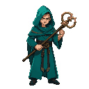 of a god of time wearing a teal green robe, carrying a staff of time, young strong and lean, remove background face covered, dark and mysterious