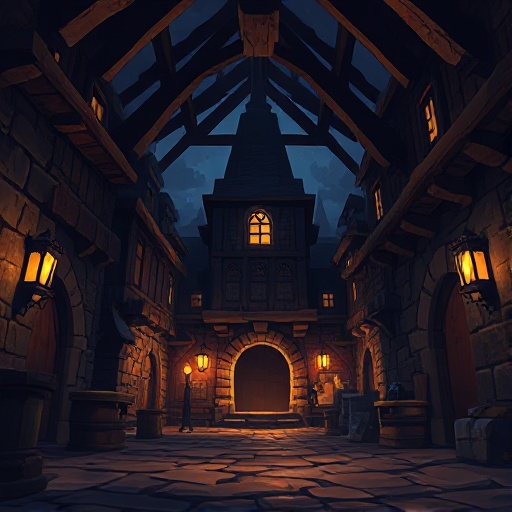 night, dark , inside old forging centre medieval, yellow brown and golden , metal , perspective from low angle