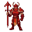 a god harbinger of will, wearing an all red armour, large muscular, simple colours, strong medieval armour , red sword, helmet 