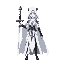 a goddess of eternity, wearing an all white cloak with black essence, and a white sword , white skin big large