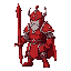 a harbinger of will, wearing an all red armour, large muscular, simple colours, strong medieval armour , red sword, helmet 