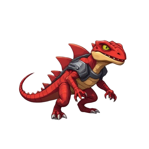 reptilan red reptile with a numanoid body and armor of grey colour