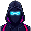  hooded hacker, dark black clothing, blue neon glowing visor, wire details or pink lights on clothing, cyberpunk style