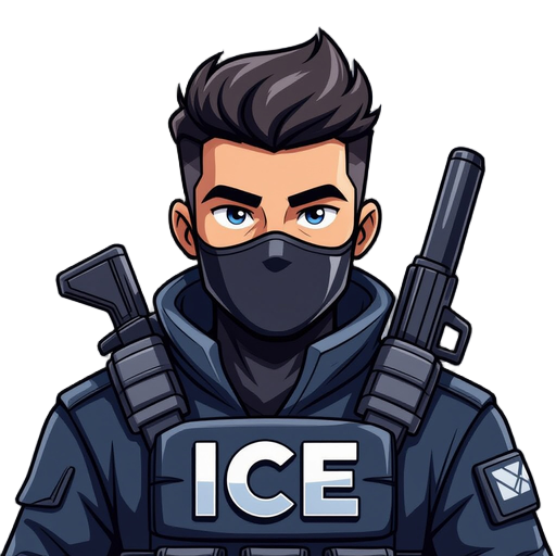 male ice agent with face covering and gun. the letters "ice" on his chest.