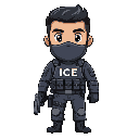a male ice agent with face covering and gun.  the letters "ice" on his chest.