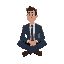 man in a suit sitting crossed legged, sideview
