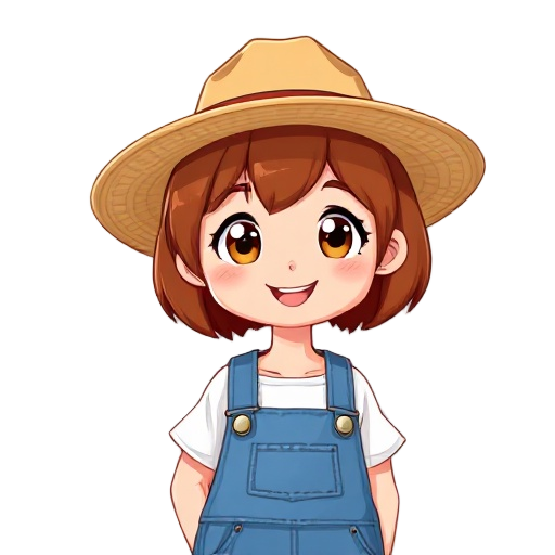 a cheerful young farmer girl with short auburn brown hair in a bob cut, wearing blue denim overalls over a white or light colored shirt, with a wide-brimmed straw farmer's hat. she has bright expressive eyes, a friendly smile, and rosy cheeks. her style i