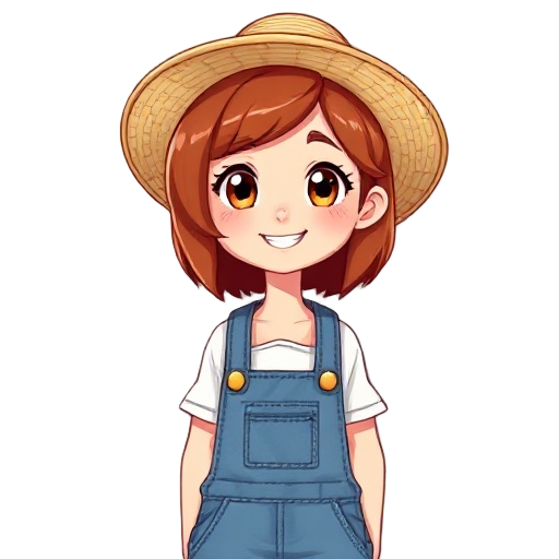 a cheerful young farmer girl with short auburn brown hair in a bob cut, wearing blue denim overalls over a white or light colored shirt, with a wide-brimmed straw farmer's hat. she has bright expressive eyes, a friendly smile, and rosy cheeks. her style i