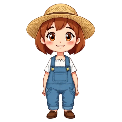 a cheerful young farmer girl with short auburn brown hair in a bob cut, wearing blue denim overalls over a white or light colored shirt, with a wide-brimmed straw farmer's hat. she has bright expressive eyes, a friendly smile, and rosy cheeks. her style i