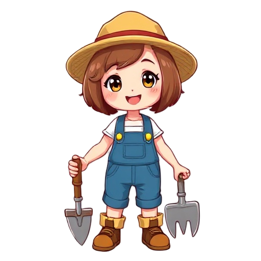 cute farmer girl, short brown bob haircut, blue overalls, straw hat, cheerful expression, anime/cartoon style, similar to beatrix from slime rancher, holding farming tools, vibrant colors