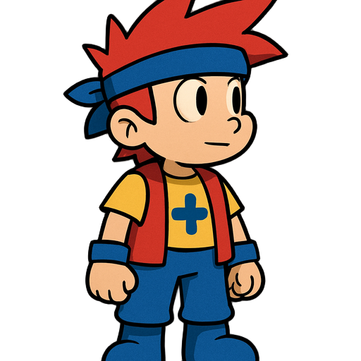 looking to the right, with spiky red hair,  wearing a blue bandana, a simple yellow shirt with a blue plus on it, a red veste and blue trousers, and a blue boot, he also wears blue bracelets, 