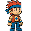 looking to the right, with spiky red hair,  wearing a blue bandana, a simple yellow shirt with a blue plus on it, a red veste and blue trousers, and a blue boot, he also wears blue bracelets, 