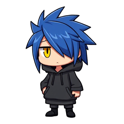a stylized humanoid character with long, spiky blue hair covering one eye. the visible eye is a simple golden-yellow slit with no pupil. the character wears an oversized dark gray hoodie with one hand