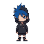humanoid character with long, spiky blue hair covering one eye. the character wears an oversized dark gray hoodie , the hoodie is down, 