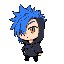a stylized humanoid character with long, spiky blue hair covering one eye. the visible eye is a simple golden-yellow slit with no pupil. the character wears an oversized dark gray hoodie with one hand