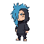 a stylized humanoid character with long, spiky blue hair covering one eye. the visible eye is a simple golden-yellow slit with no pupil. the character wears an oversized dark gray hoodie with one hand