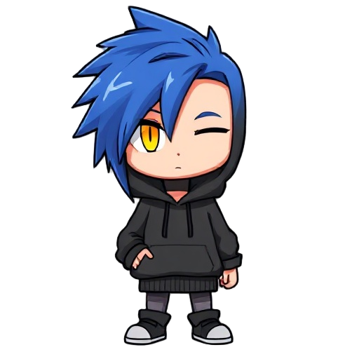 a stylized humanoid character with long, spiky blue hair covering one eye. the visible eye is a simple golden-yellow slit with no pupil. the character wears an oversized dark gray hoodie with one hand