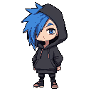 humanoid character with long, spiky blue hair covering one eye. the character wears an oversized dark gray hoodie , the hoodie is down, 