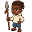 un jeune noir africain avec un dégradé et des grosses locks avec un sweat blanc un pantacourt jeans ample des tongs noir et une grande lance avec un ruban rouge prêt de la pointe 