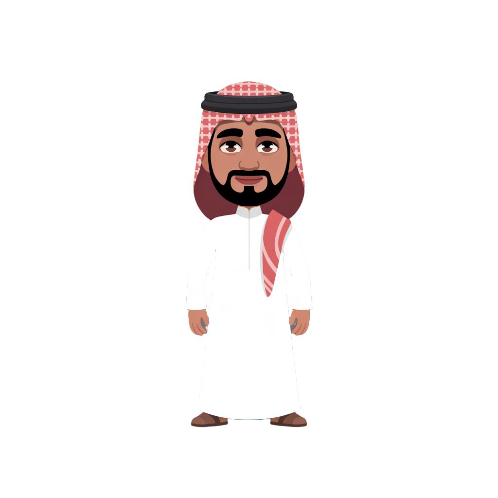 adult saudi man in a white thobe, red-and-white ghutra with a black double-loop agal, short black beard and mustache, rounded face with full cheeks, thick eyebrows, medium warm skin tone.