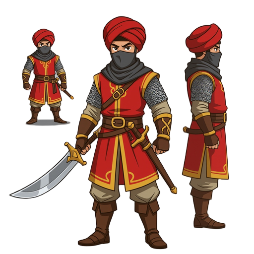  ottoman warrior character red tunic with gold trim leather boots curved scimitar turban with face cover chainmail sleeves