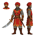 ottoman warrior character red tunic with gold trim leather boots curved scimitar turban with face cover chainmail sleeves
