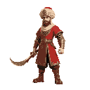  ottoman warrior character red tunic with gold trim leather boots curved scimitar turban with face cover chainmail sleeves