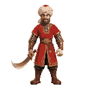  ottoman warrior character red tunic with gold trim leather boots curved scimitar turban with face cover chainmail sleeves
