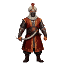 ottoman warrior character red tunic with gold trim leather boots curved scimitar turban with face cover chainmail sleeves