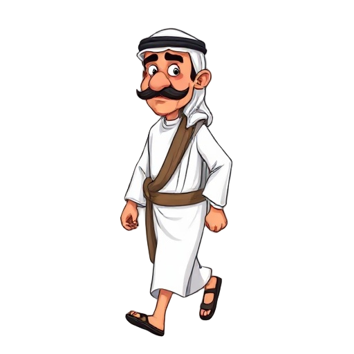 a cartoonish depiction of a middle eastern man is presented in a dynamic pose, walking forward. the man, seemingly middle-aged, has a light brown complexion, a large, prominent nose, a thick, black mustache, and a slightly stern expression. he is wearing 