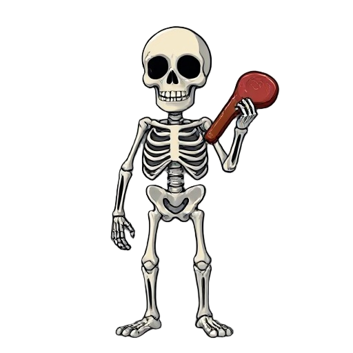 skeleton with steak on hand