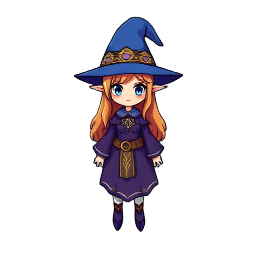 una bruja rubia kawaii similar a link del juego legend of zelda, con una escoba, traje medio morado tirado a azul, sombrero de bruja